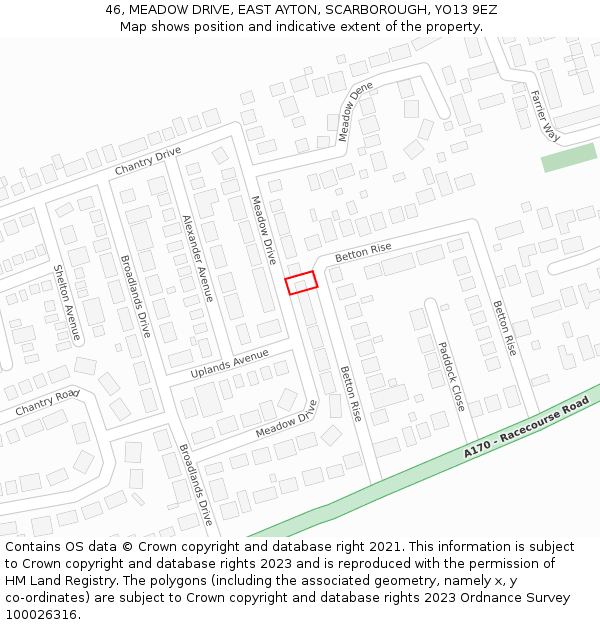 46, MEADOW DRIVE, EAST AYTON, SCARBOROUGH, YO13 9EZ: Location map and indicative extent of plot