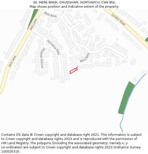 46, MERE BANK, DAVENHAM, NORTHWICH, CW9 8NL: Location map and indicative extent of plot