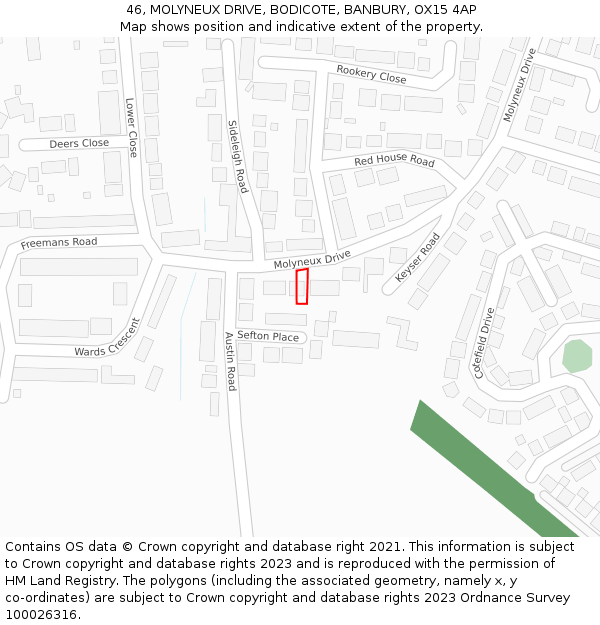 46, MOLYNEUX DRIVE, BODICOTE, BANBURY, OX15 4AP: Location map and indicative extent of plot