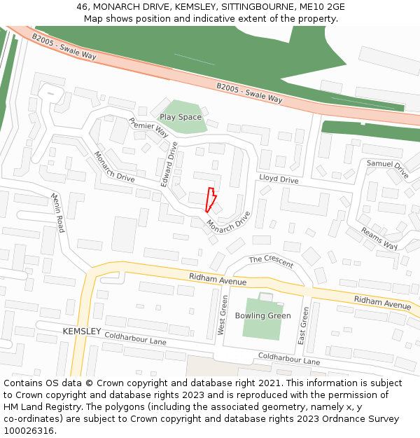 46, MONARCH DRIVE, KEMSLEY, SITTINGBOURNE, ME10 2GE: Location map and indicative extent of plot