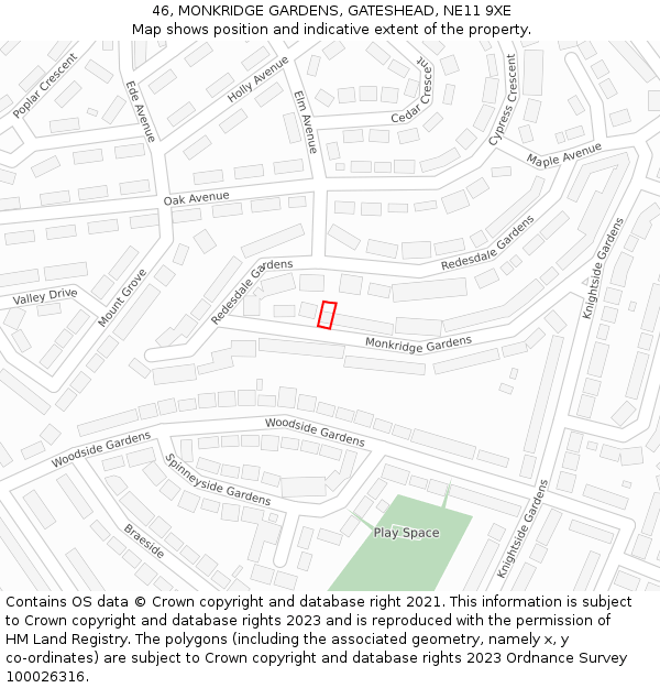 46, MONKRIDGE GARDENS, GATESHEAD, NE11 9XE: Location map and indicative extent of plot