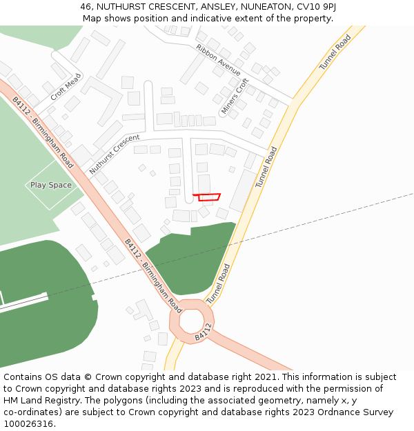 46, NUTHURST CRESCENT, ANSLEY, NUNEATON, CV10 9PJ: Location map and indicative extent of plot