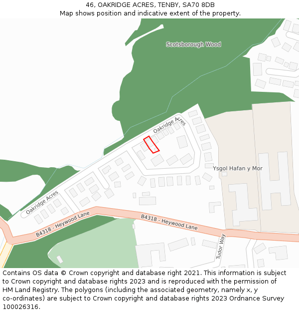 46, OAKRIDGE ACRES, TENBY, SA70 8DB: Location map and indicative extent of plot