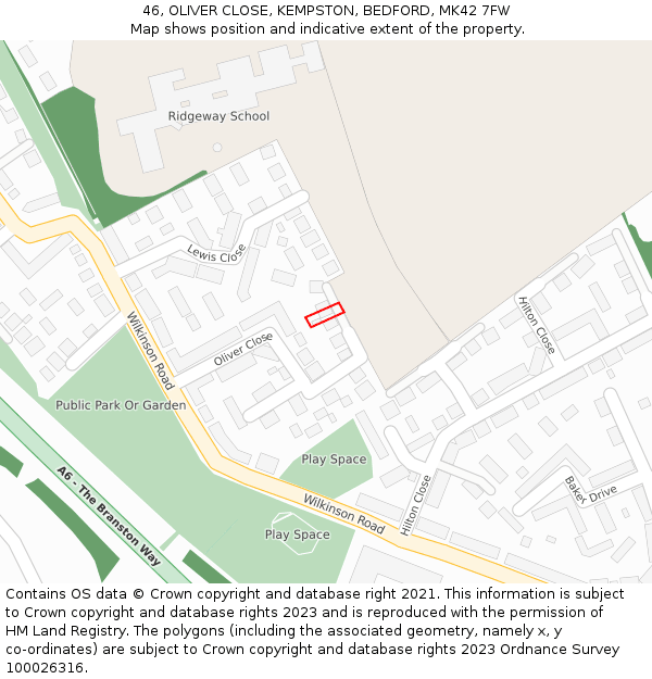 46, OLIVER CLOSE, KEMPSTON, BEDFORD, MK42 7FW: Location map and indicative extent of plot