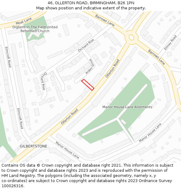 46, OLLERTON ROAD, BIRMINGHAM, B26 1PN: Location map and indicative extent of plot