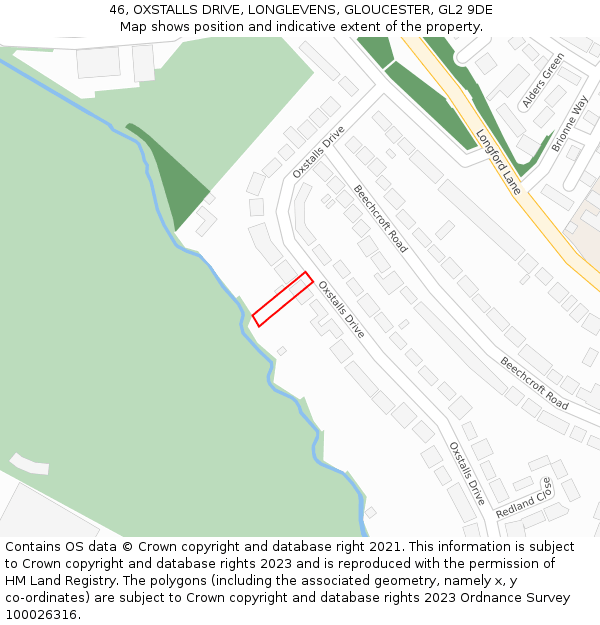 46, OXSTALLS DRIVE, LONGLEVENS, GLOUCESTER, GL2 9DE: Location map and indicative extent of plot