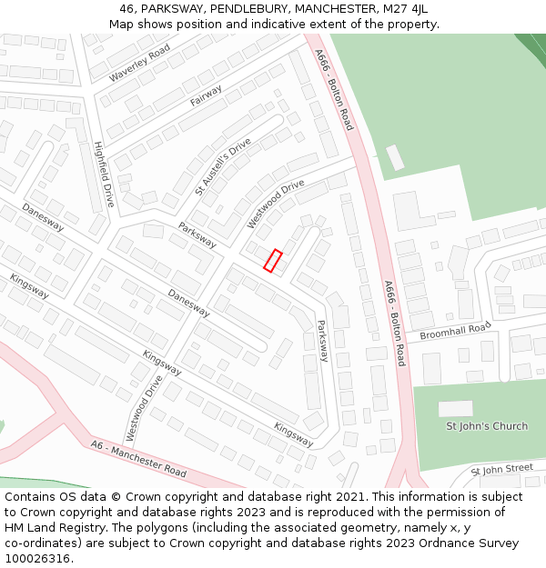 46, PARKSWAY, PENDLEBURY, MANCHESTER, M27 4JL: Location map and indicative extent of plot