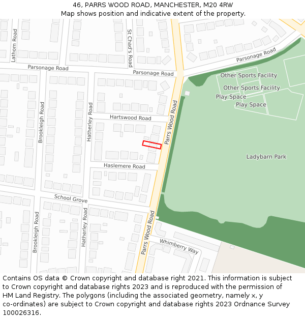 46, PARRS WOOD ROAD, MANCHESTER, M20 4RW: Location map and indicative extent of plot