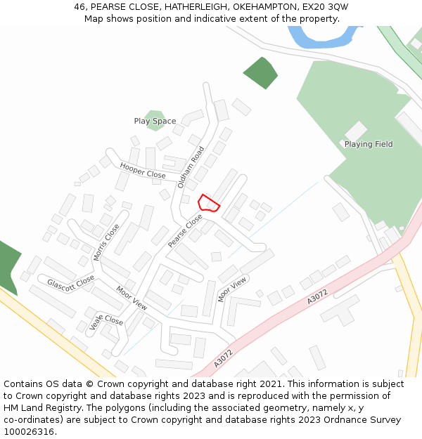 46, PEARSE CLOSE, HATHERLEIGH, OKEHAMPTON, EX20 3QW: Location map and indicative extent of plot