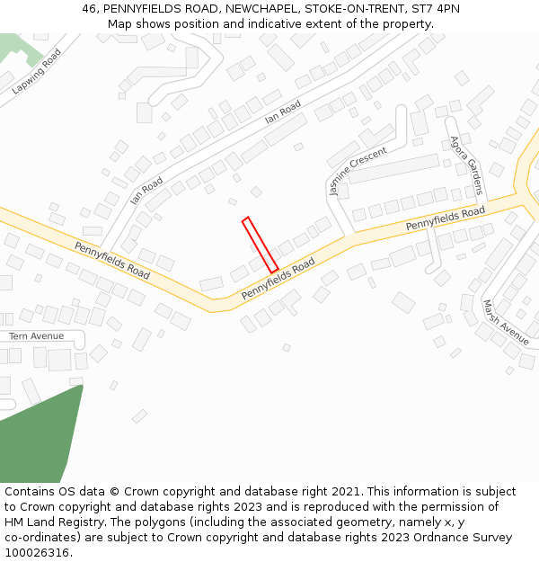 46, PENNYFIELDS ROAD, NEWCHAPEL, STOKE-ON-TRENT, ST7 4PN: Location map and indicative extent of plot