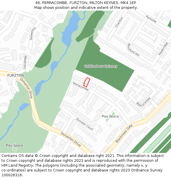 46, PERRACOMBE, FURZTON, MILTON KEYNES, MK4 1EP: Location map and indicative extent of plot