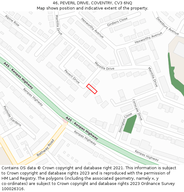 46, PEVERIL DRIVE, COVENTRY, CV3 6NQ: Location map and indicative extent of plot