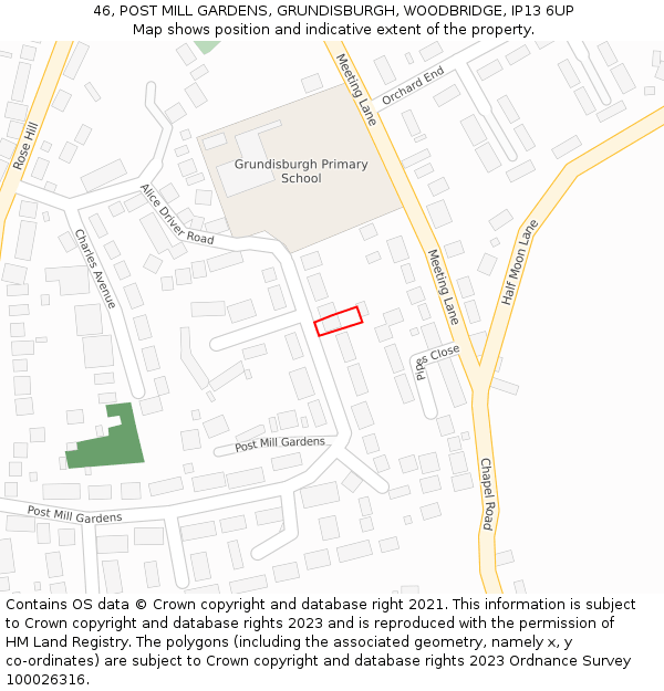 46, POST MILL GARDENS, GRUNDISBURGH, WOODBRIDGE, IP13 6UP: Location map and indicative extent of plot