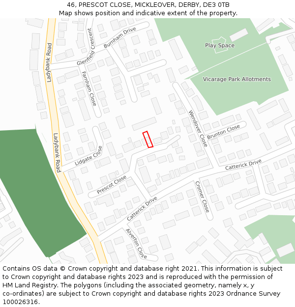 46, PRESCOT CLOSE, MICKLEOVER, DERBY, DE3 0TB: Location map and indicative extent of plot