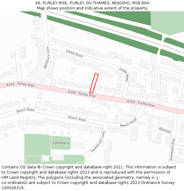 46, PURLEY RISE, PURLEY ON THAMES, READING, RG8 8AA: Location map and indicative extent of plot