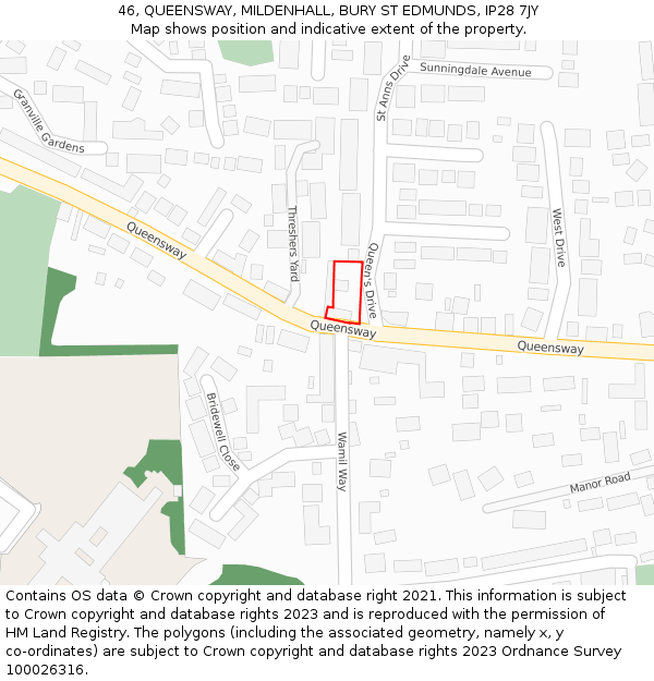 46, QUEENSWAY, MILDENHALL, BURY ST EDMUNDS, IP28 7JY: Location map and indicative extent of plot