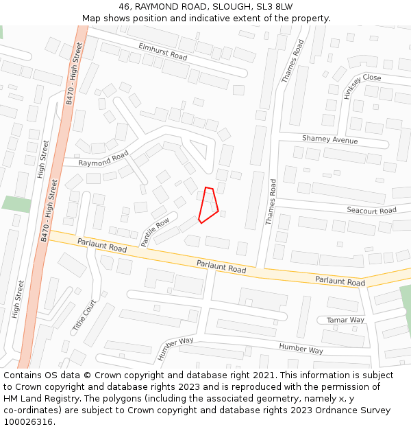 46, RAYMOND ROAD, SLOUGH, SL3 8LW: Location map and indicative extent of plot