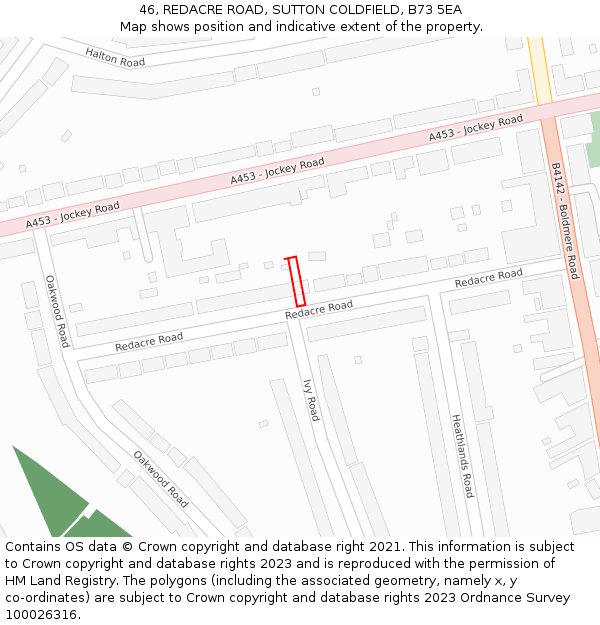 46, REDACRE ROAD, SUTTON COLDFIELD, B73 5EA: Location map and indicative extent of plot