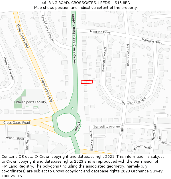 46, RING ROAD, CROSSGATES, LEEDS, LS15 8RD: Location map and indicative extent of plot