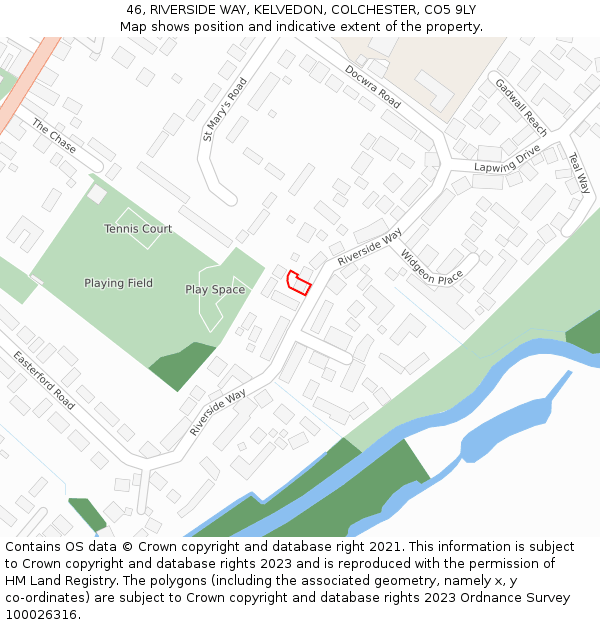 46, RIVERSIDE WAY, KELVEDON, COLCHESTER, CO5 9LY: Location map and indicative extent of plot