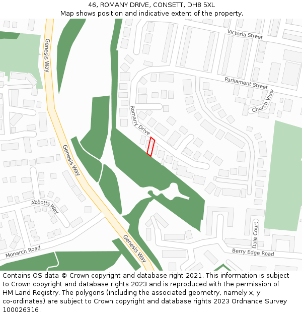 46, ROMANY DRIVE, CONSETT, DH8 5XL: Location map and indicative extent of plot