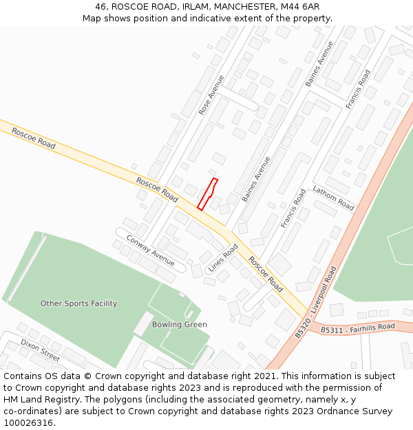 46, ROSCOE ROAD, IRLAM, MANCHESTER, M44 6AR: Location map and indicative extent of plot