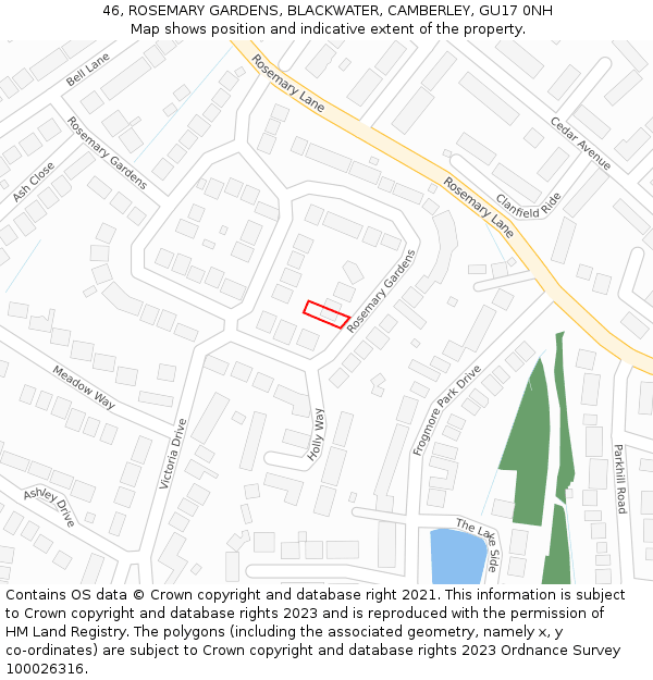 46, ROSEMARY GARDENS, BLACKWATER, CAMBERLEY, GU17 0NH: Location map and indicative extent of plot