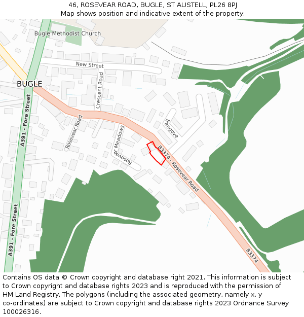 46, ROSEVEAR ROAD, BUGLE, ST AUSTELL, PL26 8PJ: Location map and indicative extent of plot