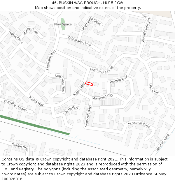 46, RUSKIN WAY, BROUGH, HU15 1GW: Location map and indicative extent of plot