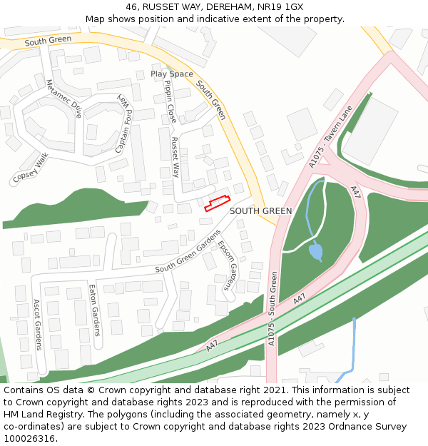 46, RUSSET WAY, DEREHAM, NR19 1GX: Location map and indicative extent of plot