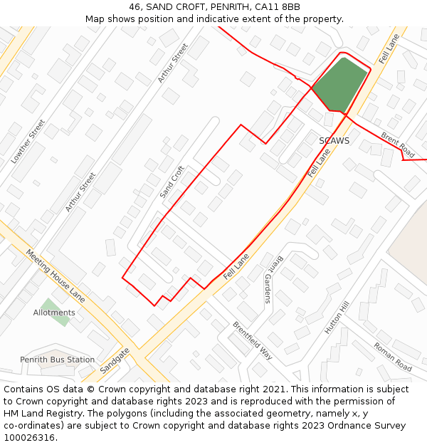 46, SAND CROFT, PENRITH, CA11 8BB: Location map and indicative extent of plot