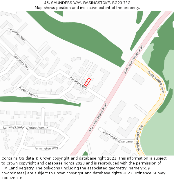 46, SAUNDERS WAY, BASINGSTOKE, RG23 7FG: Location map and indicative extent of plot