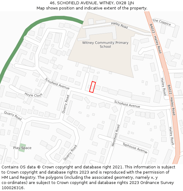 46, SCHOFIELD AVENUE, WITNEY, OX28 1JN: Location map and indicative extent of plot