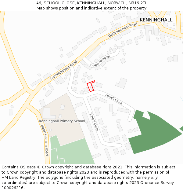 46, SCHOOL CLOSE, KENNINGHALL, NORWICH, NR16 2EL: Location map and indicative extent of plot