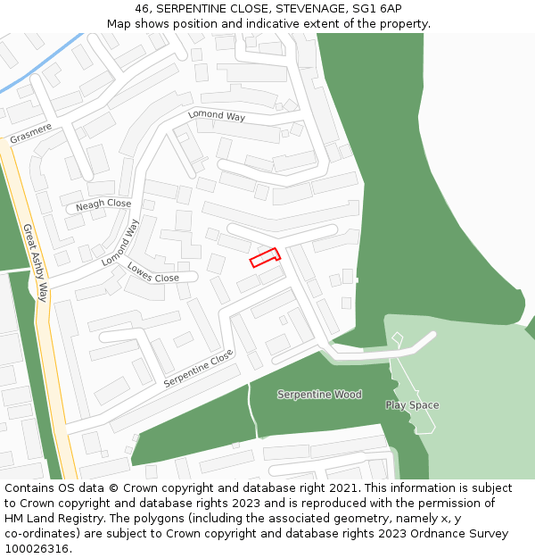 46, SERPENTINE CLOSE, STEVENAGE, SG1 6AP: Location map and indicative extent of plot