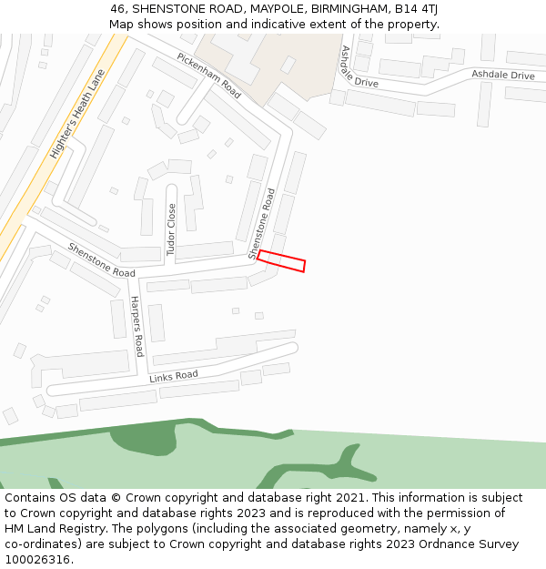 46, SHENSTONE ROAD, MAYPOLE, BIRMINGHAM, B14 4TJ: Location map and indicative extent of plot