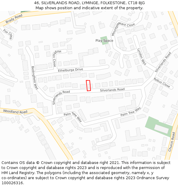 46, SILVERLANDS ROAD, LYMINGE, FOLKESTONE, CT18 8JG: Location map and indicative extent of plot