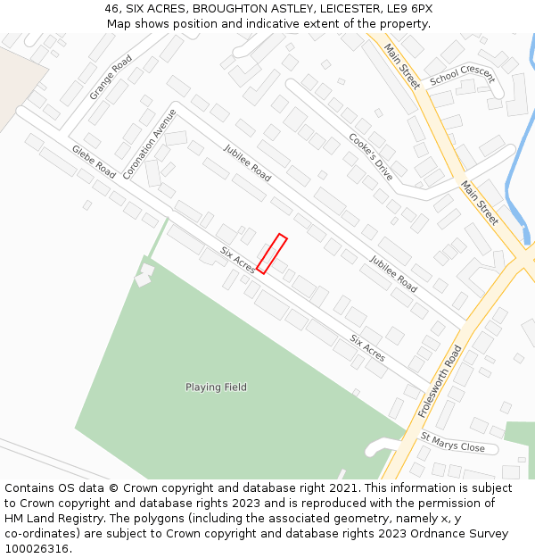 46, SIX ACRES, BROUGHTON ASTLEY, LEICESTER, LE9 6PX: Location map and indicative extent of plot