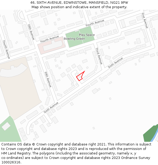 46, SIXTH AVENUE, EDWINSTOWE, MANSFIELD, NG21 9PW: Location map and indicative extent of plot