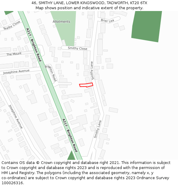 46, SMITHY LANE, LOWER KINGSWOOD, TADWORTH, KT20 6TX: Location map and indicative extent of plot