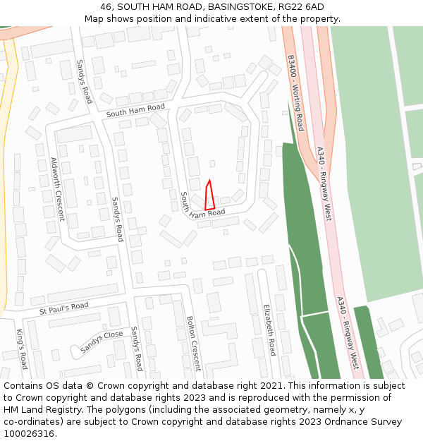 46, SOUTH HAM ROAD, BASINGSTOKE, RG22 6AD: Location map and indicative extent of plot