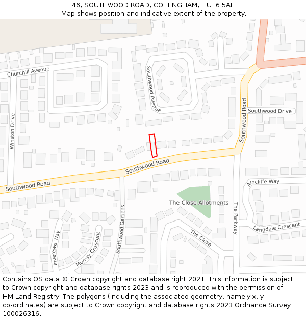 46, SOUTHWOOD ROAD, COTTINGHAM, HU16 5AH: Location map and indicative extent of plot