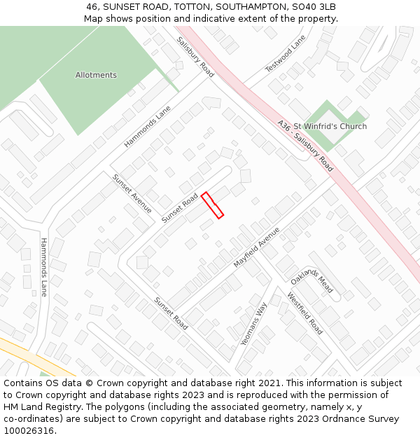 46, SUNSET ROAD, TOTTON, SOUTHAMPTON, SO40 3LB: Location map and indicative extent of plot