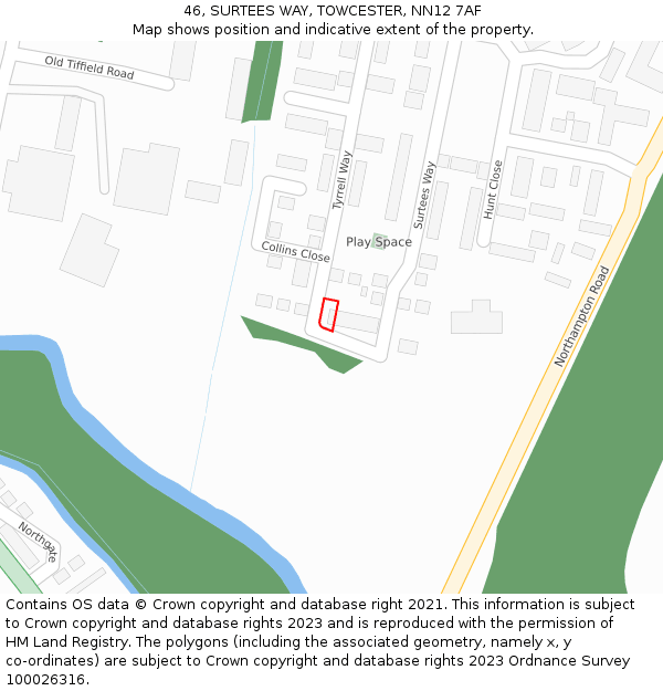 46, SURTEES WAY, TOWCESTER, NN12 7AF: Location map and indicative extent of plot