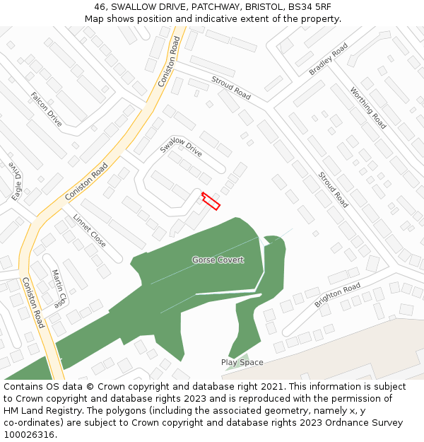 46, SWALLOW DRIVE, PATCHWAY, BRISTOL, BS34 5RF: Location map and indicative extent of plot