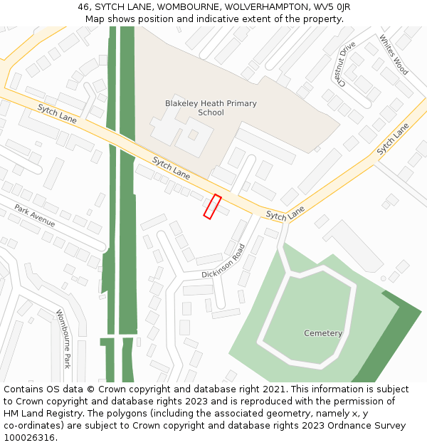 46, SYTCH LANE, WOMBOURNE, WOLVERHAMPTON, WV5 0JR: Location map and indicative extent of plot