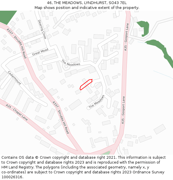 46, THE MEADOWS, LYNDHURST, SO43 7EL: Location map and indicative extent of plot