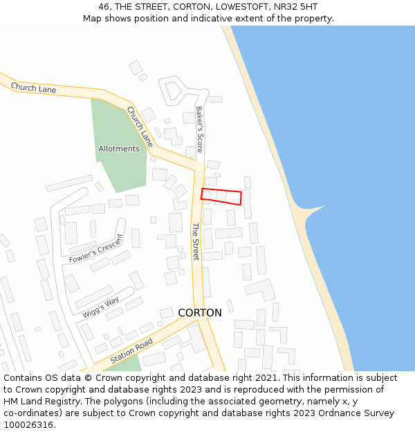 46, THE STREET, CORTON, LOWESTOFT, NR32 5HT: Location map and indicative extent of plot