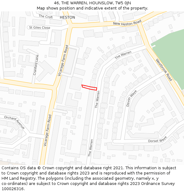 46, THE WARREN, HOUNSLOW, TW5 0JN: Location map and indicative extent of plot