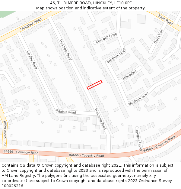 46, THIRLMERE ROAD, HINCKLEY, LE10 0PF: Location map and indicative extent of plot